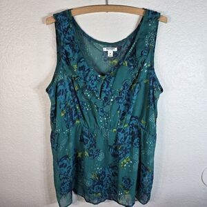 Old Navy Plus Sx 2X Sheer Floral Elastic Waist Ruffle V-Neck Blouse EmeraldGreen